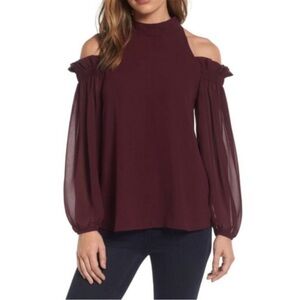 Trouve Burgundy/Purple Cold Ruffle Shoulder Chiffon Top Size Small